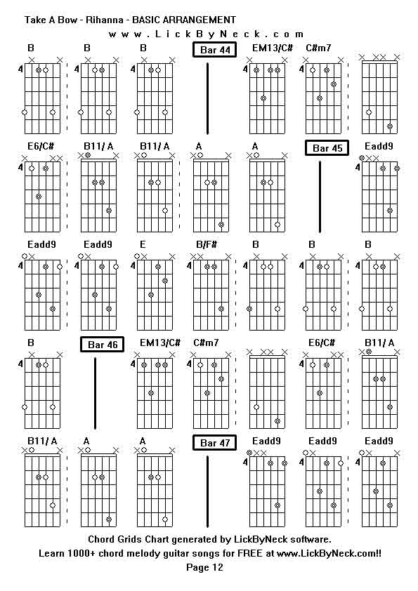 Chord Grids Chart of chord melody fingerstyle guitar song-Take A Bow - Rihanna - BASIC ARRANGEMENT,generated by LickByNeck software.